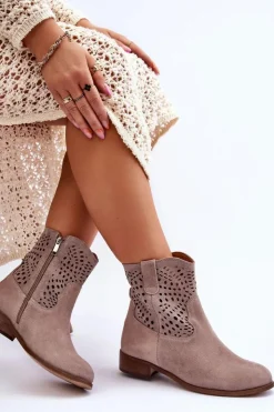 Boto Botki Wiosenne|Botki Ażurowe*Damskie Zamszowe Ażurowe Botki Lewski Shoes 3301 Cappuccino