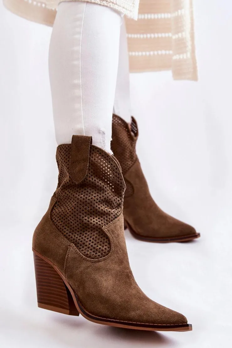 Damskie Boto Damskie Zamszowe Ażurowe Botki Kowbojki Khaki Eleonore