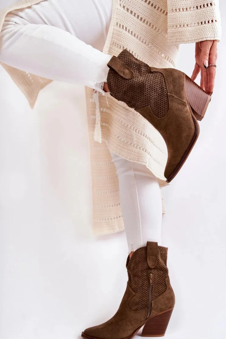 Damskie Boto Damskie Zamszowe Ażurowe Botki Kowbojki Khaki Eleonore