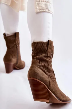 Damskie Boto Damskie Zamszowe Ażurowe Botki Kowbojki Khaki Eleonore