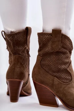 Damskie Boto Damskie Zamszowe Ażurowe Botki Kowbojki Khaki Eleonore
