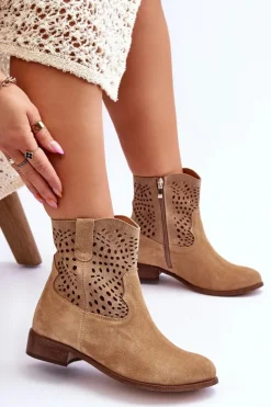 Outlet Boto Damskie Zamszowe Ażurowe Botki Lewski Shoes 3301 Beżowe