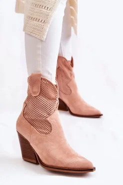 Hot Boto Damskie Zamszowe Ażurowe Botki Kowbojki Różowe Eleonore