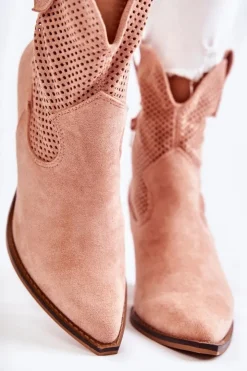 Hot Boto Damskie Zamszowe Ażurowe Botki Kowbojki Różowe Eleonore