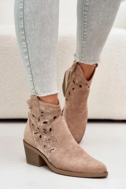 Damskie Damskie buty S.Barski Damskie Zamszowe Ażurowe Botki Kowbojki Beżowe S.Barski HY42-086