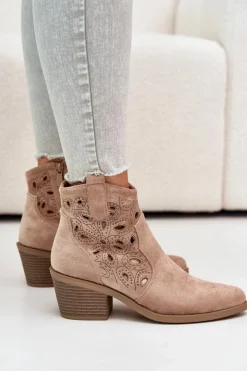 Damskie Damskie buty S.Barski Damskie Zamszowe Ażurowe Botki Kowbojki Beżowe S.Barski HY42-086
