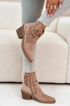 Damskie Damskie buty S.Barski Damskie Zamszowe Ażurowe Botki Kowbojki Beżowe S.Barski HY42-086