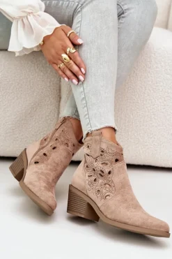 Damskie Damskie buty S.Barski Damskie Zamszowe Ażurowe Botki Kowbojki Beżowe S.Barski HY42-086