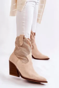 Boto Botki Wiosenne|Botki Na Słupku*Damskie Zamszowe Ażurowe Botki Kowbojki Beżowe Eleonore
