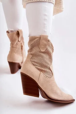 Boto Botki Wiosenne|Botki Na Słupku*Damskie Zamszowe Ażurowe Botki Kowbojki Beżowe Eleonore