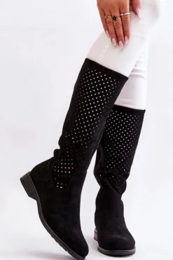 Damskie Damskie buty S.Barski Damskie Zamszowe Ażurowe Kozaki Przed Kolano Czarne Savannah