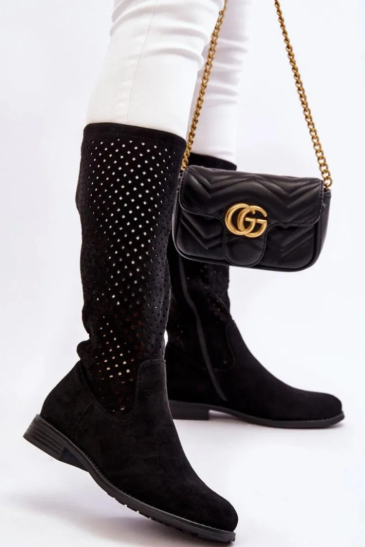 Damskie Damskie buty S.Barski Damskie Zamszowe Ażurowe Kozaki Przed Kolano Czarne Savannah