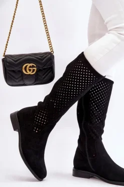 Damskie Damskie buty S.Barski Damskie Zamszowe Ażurowe Kozaki Przed Kolano Czarne Savannah