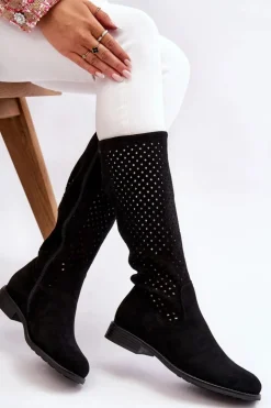 Damskie Damskie buty S.Barski Damskie Zamszowe Ażurowe Kozaki Przed Kolano Czarne Savannah