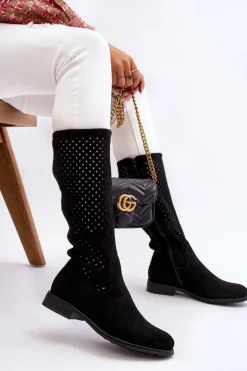 Damskie Damskie buty S.Barski Damskie Zamszowe Ażurowe Kozaki Przed Kolano Czarne Savannah