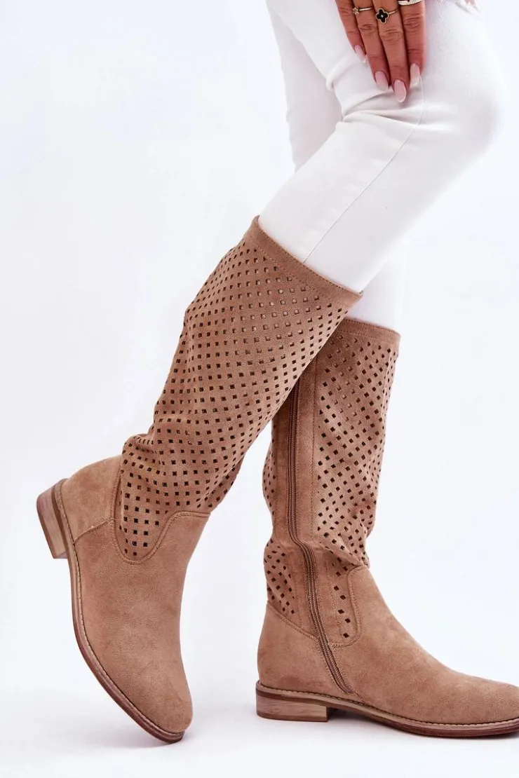 Hot Damskie buty S.Barski Damskie Zamszowe Ażurowe Kozaki Przed Kolano Beżowe Savannah