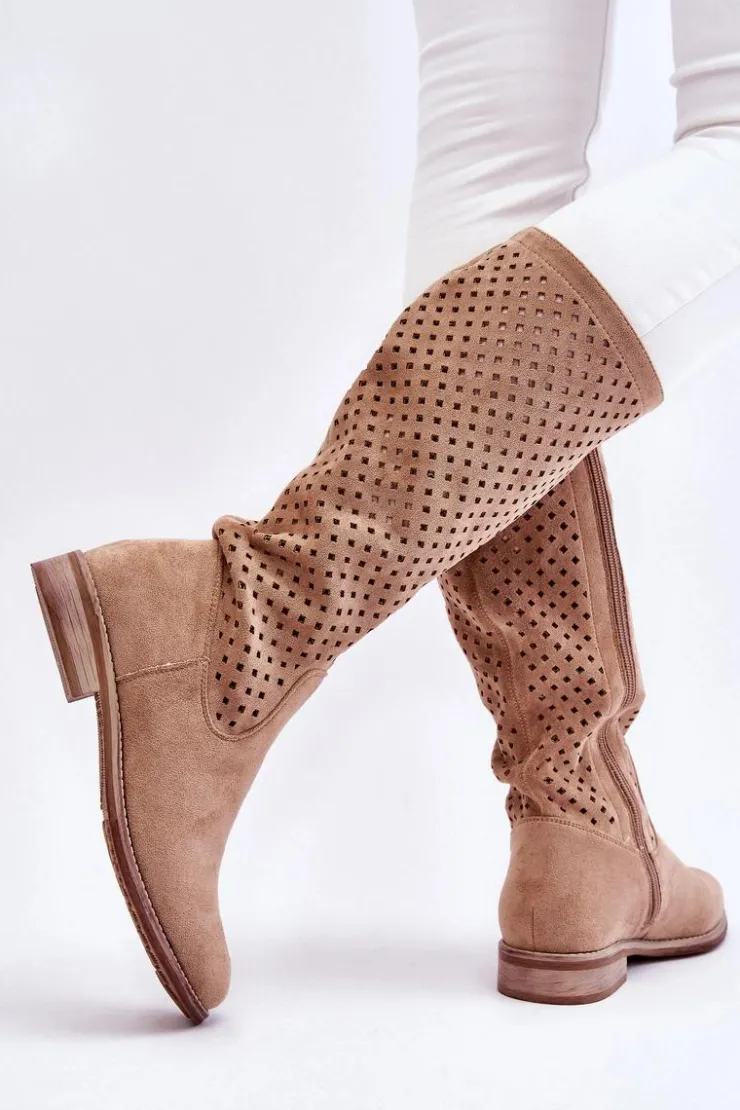 Hot Damskie buty S.Barski Damskie Zamszowe Ażurowe Kozaki Przed Kolano Beżowe Savannah