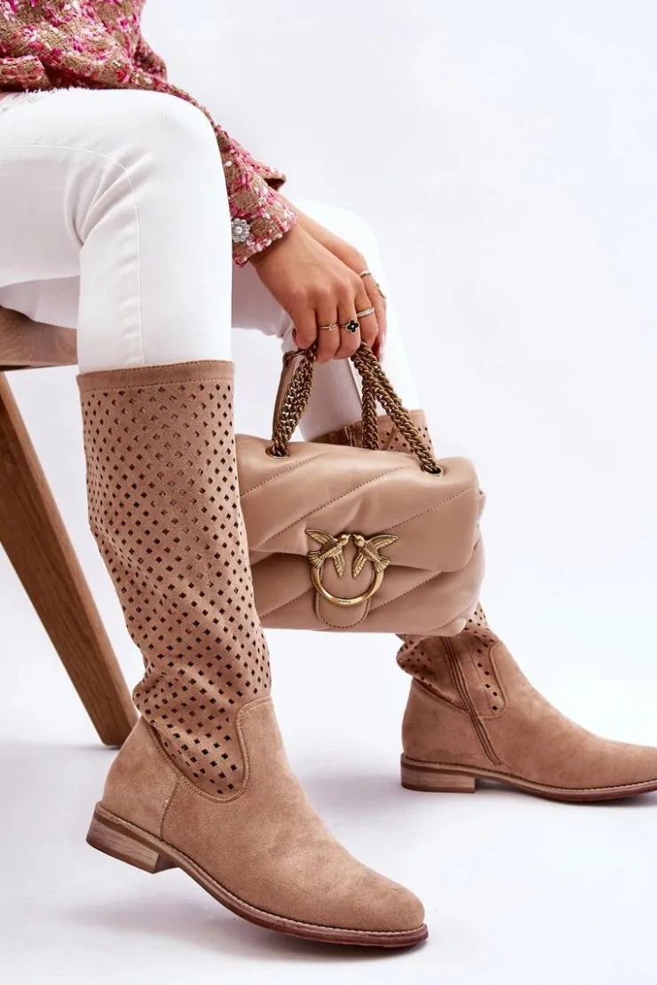 Hot Damskie buty S.Barski Damskie Zamszowe Ażurowe Kozaki Przed Kolano Beżowe Savannah