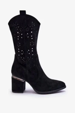 Damskie buty S.Barski Damskie Zamszowe Ażurowe Kozaki Czarne Adelia