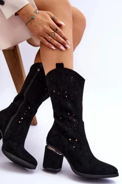 Damskie buty S.Barski Damskie Zamszowe Ażurowe Kozaki Czarne Adelia