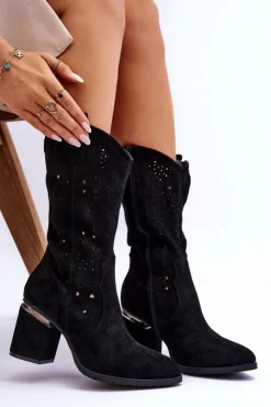 Damskie buty S.Barski Damskie Zamszowe Ażurowe Kozaki Czarne Adelia