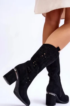 Damskie buty S.Barski Damskie Zamszowe Ażurowe Kozaki Czarne Adelia