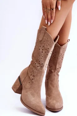 Damskie buty S.Barski Kozaki Wiosenne|Kozaki Ażurowe*Damskie Zamszowe Ażurowe Kozaki Beżowe Adelia