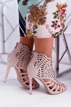 Damskie Boto Damskie Zamszowe Beżowe Sandały na Szpilce Viviane