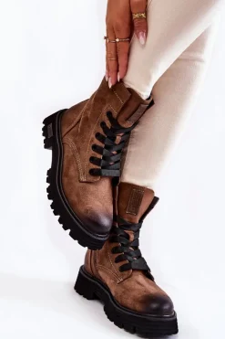 Big Star Shoes Damskie Trapery|Botki Sznurowane*Damskie Zamszowe Botki Big Star KK274504 Brązowe