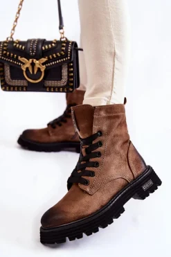 Big Star Shoes Damskie Trapery|Botki Sznurowane*Damskie Zamszowe Botki Big Star KK274504 Brązowe