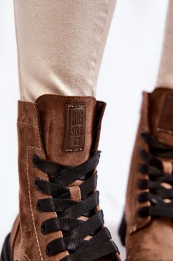 Big Star Shoes Damskie Trapery|Botki Sznurowane*Damskie Zamszowe Botki Big Star KK274504 Brązowe