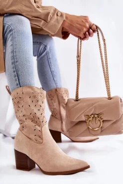 Damskie Boto Damskie Zamszowe Botki Kowbojki W Kwiaty Beżowe Ariane