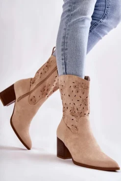 Damskie Boto Damskie Zamszowe Botki Kowbojki W Kwiaty Beżowe Ariane