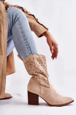 Damskie Boto Damskie Zamszowe Botki Kowbojki W Kwiaty Beżowe Ariane