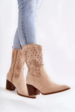 Damskie Boto Damskie Zamszowe Botki Kowbojki W Kwiaty Beżowe Ariane