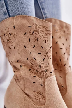 Damskie Boto Damskie Zamszowe Botki Kowbojki W Kwiaty Beżowe Ariane