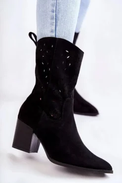 Boto Botki Wiosenne|Botki Na Słupku*Damskie Zamszowe Botki Kowbojki W Kwiaty Czarne Ariane