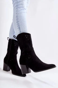 Boto Botki Wiosenne|Botki Na Słupku*Damskie Zamszowe Botki Kowbojki W Kwiaty Czarne Ariane