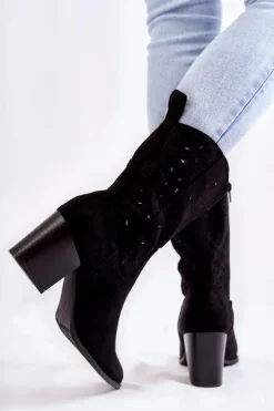 Boto Botki Wiosenne|Botki Na Słupku*Damskie Zamszowe Botki Kowbojki W Kwiaty Czarne Ariane