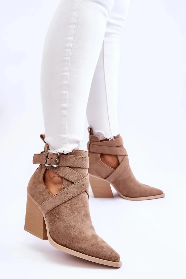 Boto Botki Na Słupku|Brązowe I Beżowe Botki*Damskie Zamszowe Botki Kowbojki Ciemnobeżowe Dennise