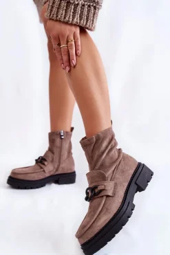 Boto Botki Wiosenne|Botki Ocieplane*Damskie Zamszowe Botki La.Fi 250042B-SU Beżowe Beżowy