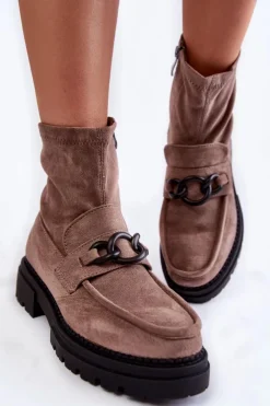 Boto Botki Wiosenne|Botki Ocieplane*Damskie Zamszowe Botki La.Fi 250042B-SU Beżowe Beżowy