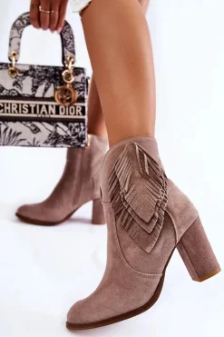 Boto Botki Na Słupku|Botki Zimowe Damskie*Damskie Zamszowe Botki Lewski Shoes 3093 Cappucino