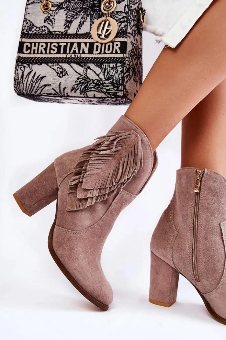 Boto Botki Na Słupku|Botki Zimowe Damskie*Damskie Zamszowe Botki Lewski Shoes 3093 Cappucino