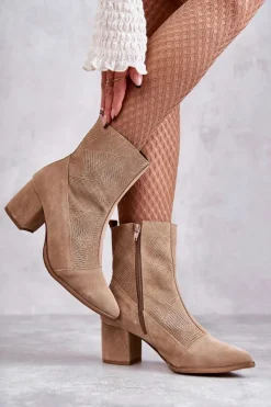Discount Boto Damskie Zamszowe Botki Na Obcasie Nicole 2757 Beżowe