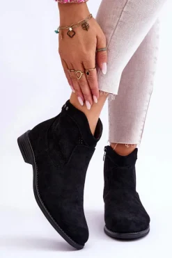 Damskie buty S.Barski Botki Wiosenne|Czarne Botki*Damskie Zamszowe Botki Na Płaskim Obcasie Czarne Liana