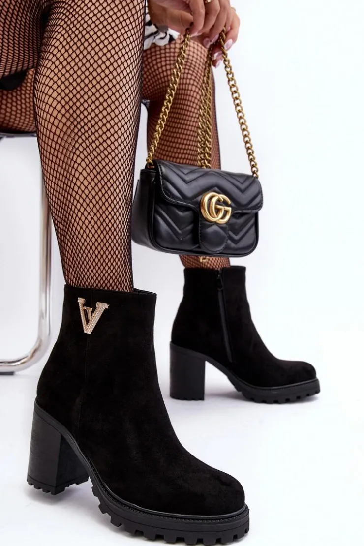 Boto Botki Wiosenne|Botki Ocieplane*Damskie Zamszowe Botki Na Słupku Z Ozdobą Czarne Strong Czarny