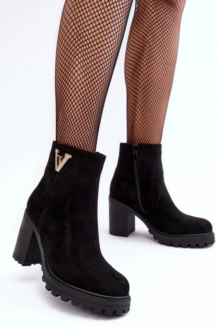 Boto Botki Wiosenne|Botki Ocieplane*Damskie Zamszowe Botki Na Słupku Z Ozdobą Czarne Strong Czarny