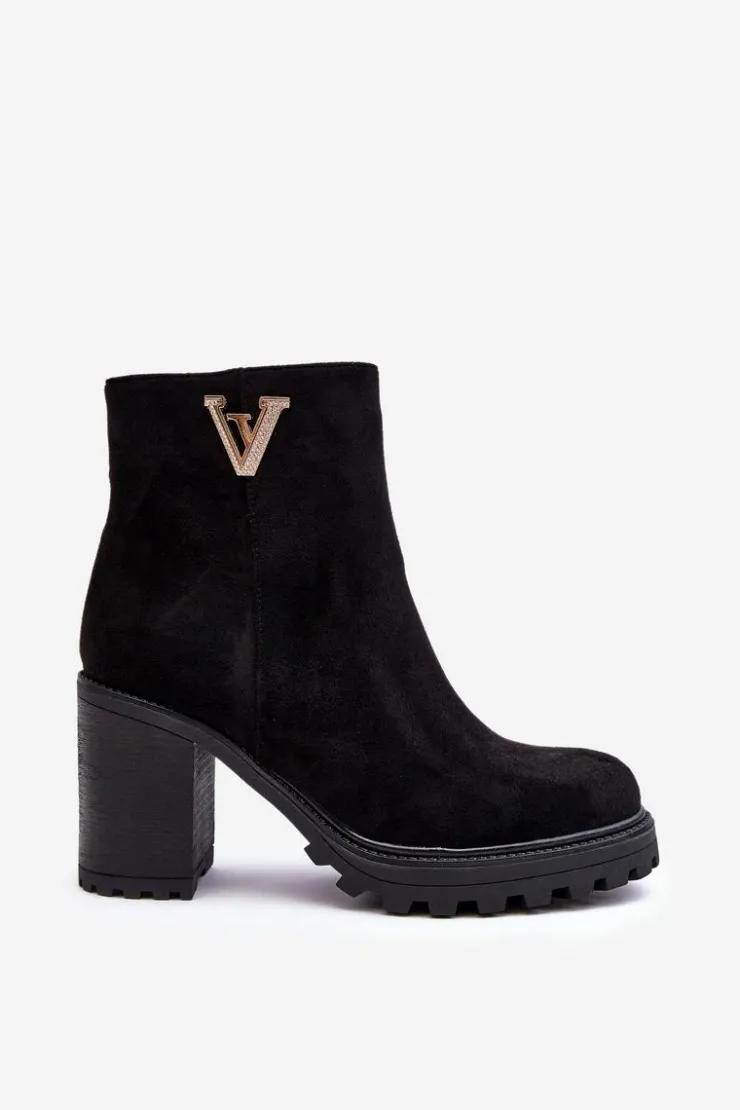 Boto Botki Wiosenne|Botki Ocieplane*Damskie Zamszowe Botki Na Słupku Z Ozdobą Czarne Strong Czarny