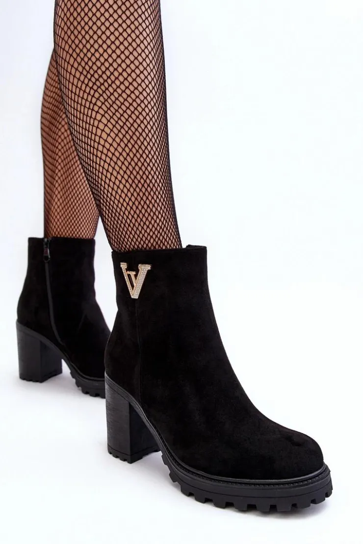 Boto Botki Wiosenne|Botki Ocieplane*Damskie Zamszowe Botki Na Słupku Z Ozdobą Czarne Strong Czarny